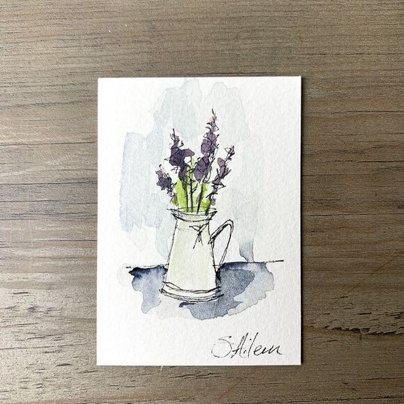ACEO Painting Watercolor Ink Lavender Purple Flower in Vase Botanical II Signed - Picture 2 of 2